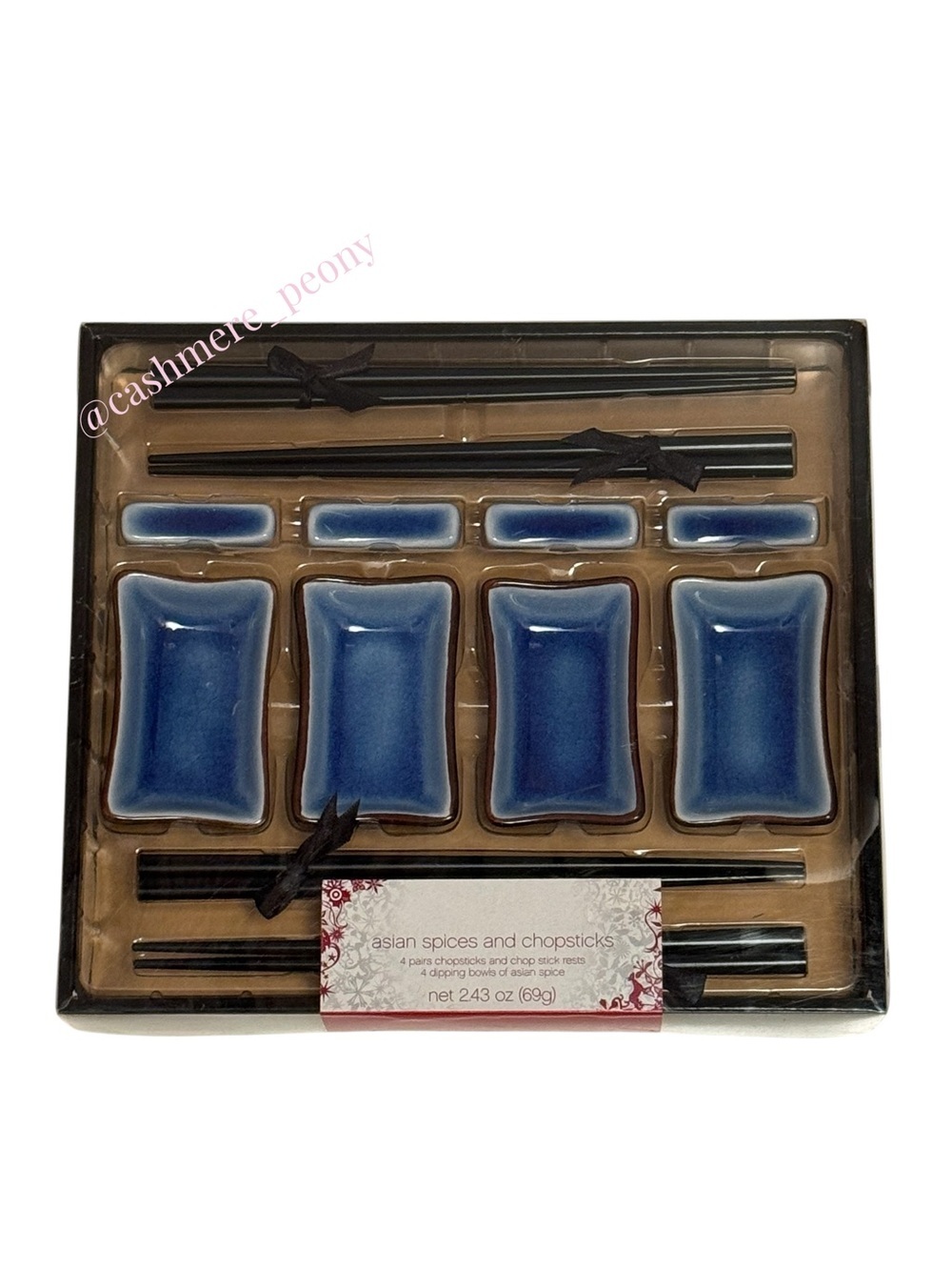 Blue Ceramic Asian Soy Sauce 4 Dipping Bowls and 4 Chopsticks with 4 Rests
